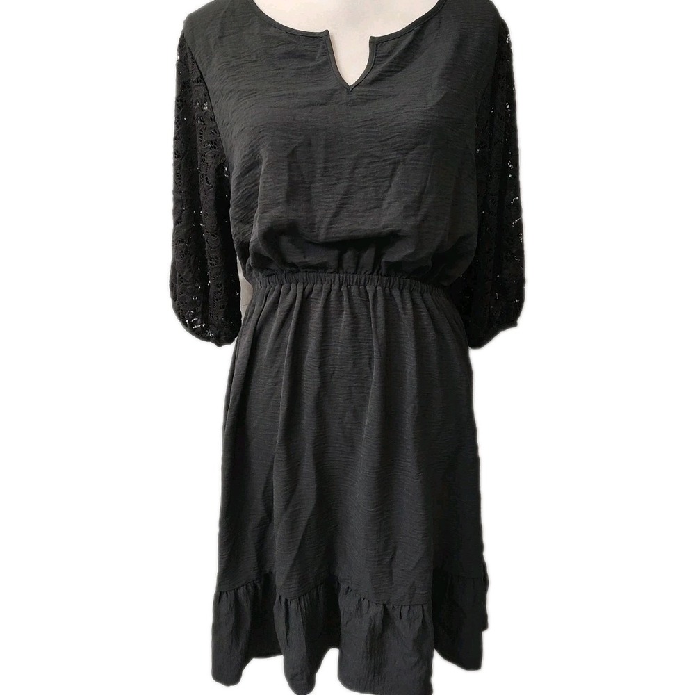 Amana Black Lace Sleeve Sz 1X Knee Length High Waist‎ Little Black Dress Party